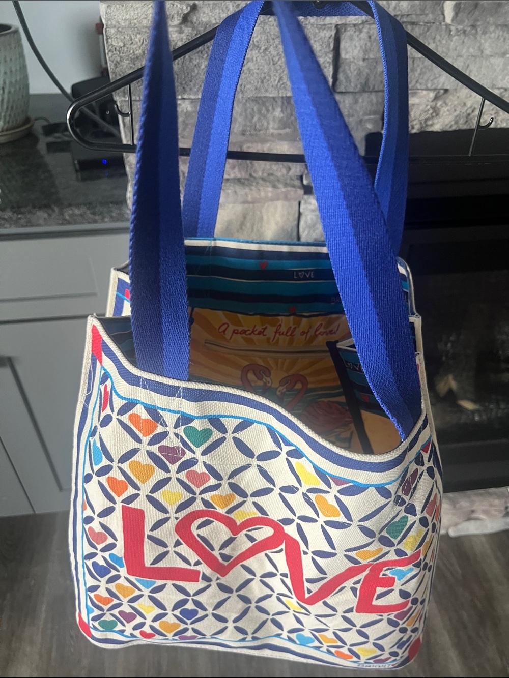 Brighton Canvas Tote with Blue Straps and Multicolor Pattern